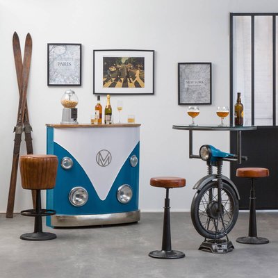 Meuble bar bleu avec plateau en bois de manguier  COMBI MADE IN MEUBLES 