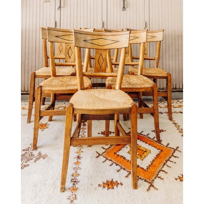 Lot de 6 chaises en cannage et bois sculpté Claude N°1613 - Bon état DEBONGOUT