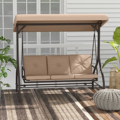 Balancelle de jardin convertible 3 places avec coussins métal polyester kaki OUTSUNNY