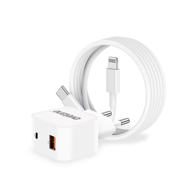 Chargeur Secteur 25W Double Port USB-C & USB-A + Câble 2m USB-C vers Lightning – Charge Rapide Compatible iPhone 11/12/13/14 EVETANE