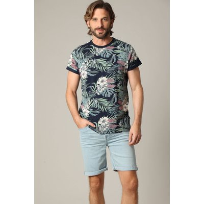 T-shirt en coton à manches courtes avec poche poitrine et motif tropical CARIBANO DEELUXE