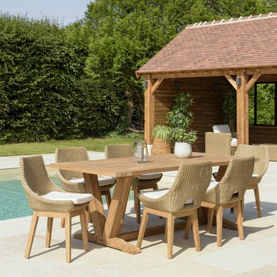 Salon de jardin teck naturel 1 table pieds en V 220 cm + 6 chaises résine tressée MANY PIER IMPORT
