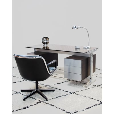 Bureau en fonte d'aluminium et verre fumé Yvan N°594 - Bon état DEBONGOUT