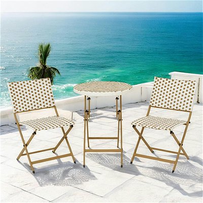 Salon de jardin table ronde + 2 chaises résine blanche tressée motifs beiges BISTROT PIER IMPORT