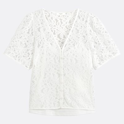 Bluse mit V-Ausschnitt aus Spitze, kurze Ärmel, LEA SUNCOO