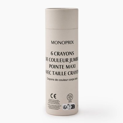 6 crayons de couleur Jumbo pointe maxi avec taille crayon MONOPRIX