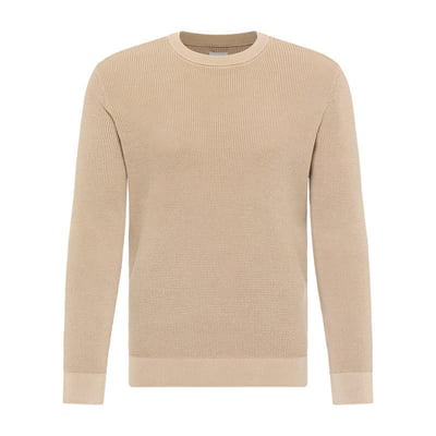 Pull en coton beige uni avec un col rond et des manches longues MUSTANG