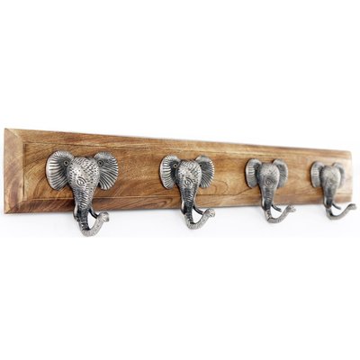 Patère 4 crochets en bois de manguier et fer Eléphants Argenté JARDINDECO