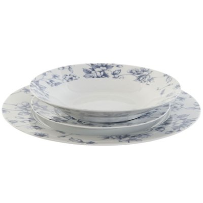 Service de 18 assiettes en porcelaine florale bleue: plates, creuses et à dessert WADIGA