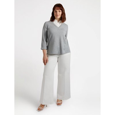 Sweat-shirt gris col en V, avec partie supérieure en forme de chemise, col brodé FIORELLA RUBINO