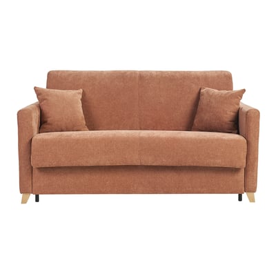 Canapé convertible 2-3 places en tissu effet velours terre brûlée et bois clair avec matelas 13 cm SKANDY MILIBOO