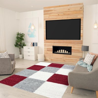 Tapis poils longs shaggy tissé motif damier CARRÉ A UN AMOUR DE TAPIS