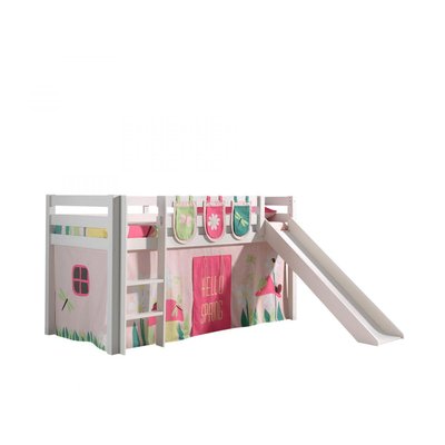 PINO Lit mezzanine avec toboggan pin massif + Spring Rideau et 3 pochettes VIPACK
