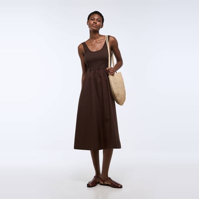 Robe longue bi-matière unie en coton MONOPRIX