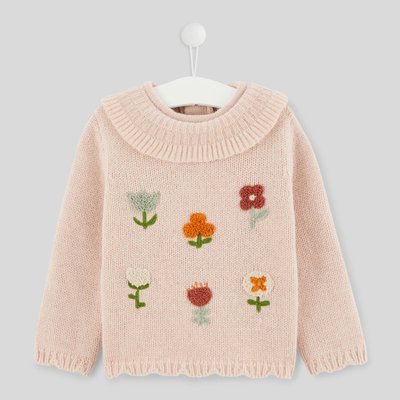Pull col brodé fleurs, contient de la laine BOUT'CHOU