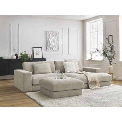 Canapé d'angle fixe 4 places en tissu texturé avec pouf, LEONARD BOBOCHIC