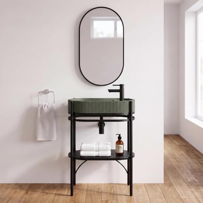 Meuble simple vasque 55cm métal noir, vasque béton, robinet et miroir LUCIA MOB IN