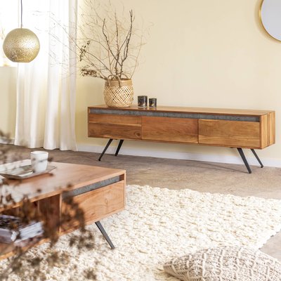 Meuble TV en bois d'acacia et pierre  YVAN MADE IN MEUBLES 