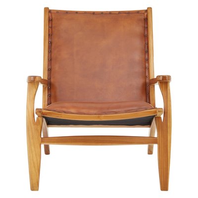 Laid Back Brown Leather and Natural Teak Wood Mid Century Chair SO'HOME