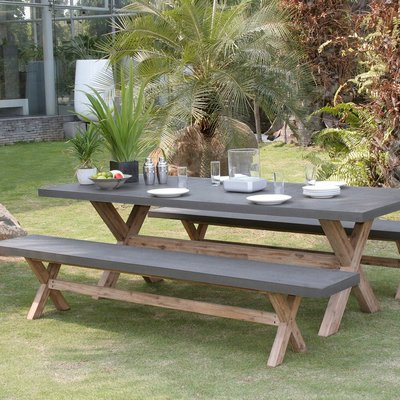 Salon de jardin table d'extérieur rectangle en ciment pieds bois 200x100cm + 2 bancs 200cm HERCULE 8 personnes PIER IMPORT