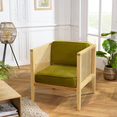 Fauteuil en cannage et velours vert TIM PIER IMPORT