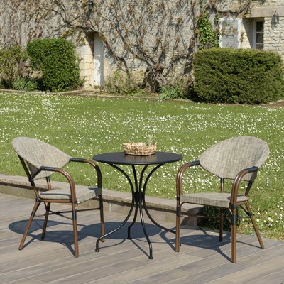 Salon de jardin table noire ronde D70 cm + 2 fauteuils bistrot tissu taupe GIJON PIER IMPORT