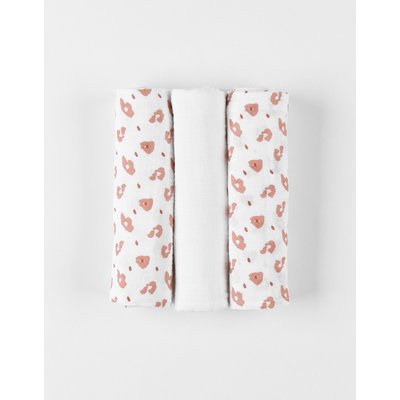 Lot de 3 langes en mousseline de coton 70x70, blanc/terracotta NOUKIE'S