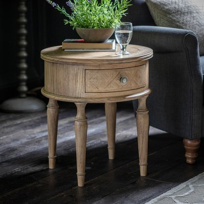 Nashik 1 Drawer Round Ash Wood Parquet Side Table SO'HOME
