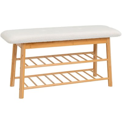 Banquette bambou et assise tissu bouclette blanc 91x30x45cm WADIGA