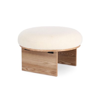 Pouf rond en bois et bouclette blanc D60 - PAVEL HELLIN, DEPUIS 1862