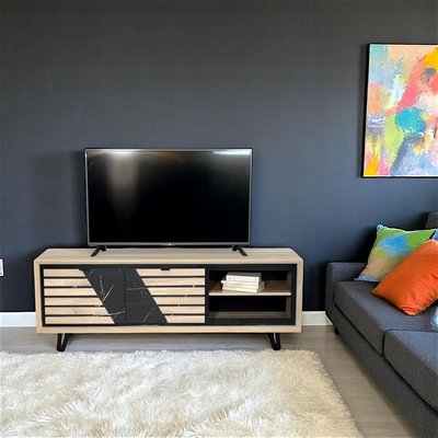 Meuble TV 2 portes chêne blanc décor graphique ESSEN PIER IMPORT