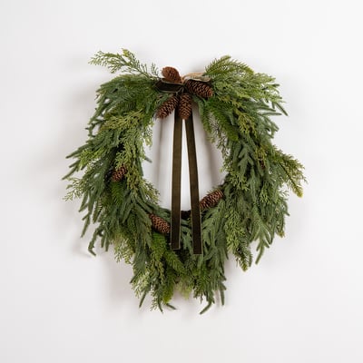 60cm Real Touch Foliage Heart Wreath with Green Velvet Bow SO'HOME