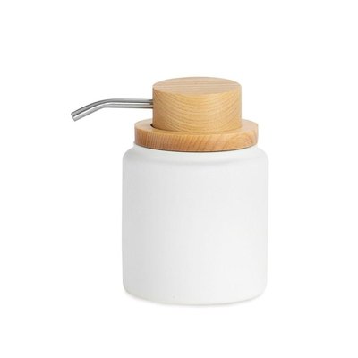 Distributeur de savon blanc polyrésine et bois de frêne - 9x9x13cm WADIGA