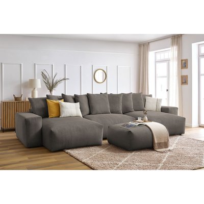 Canapé panoramique convertible 7 places en velours côtelé avec pouf, VOLTAIRE BOBOCHIC