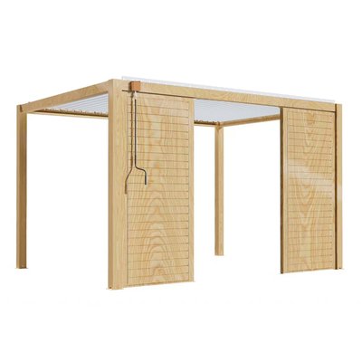 Pergola bioclimatique autoportée 3 x 4 m en aluminium blanc décor bois avec 1, 2 ou 3 claustras, CORATO OVIALA