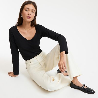 Organic Cotton V-Neck T-Shirt with Long Sleeves LA REDOUTE COLLECTIONS