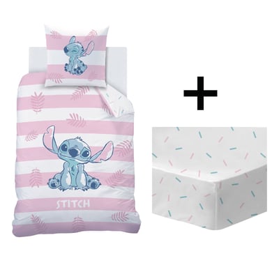 Parure de lit imprimée + drap housse 100% coton, STRIPE DISNEY STITCH 