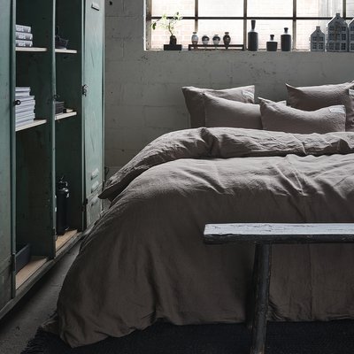 Parure de lit unie en lin Housse de couette + 2 taies carrées, Made in France, PARTI PRIS ECORCE A DEMAIN