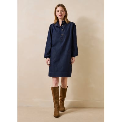Robe courte en denim manches longues col montant LA FEE MARABOUTEE