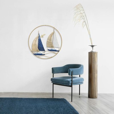 Décoration murale ronde 2 voiliers bleus métal PIER IMPORT