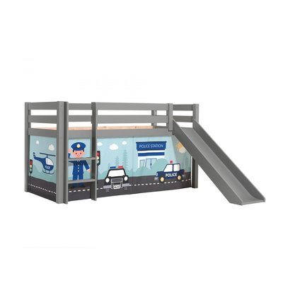 PINO Lit mezzanine avec toboggan pin massif Gris + Rideau pour lit en 4 parties Police VIPACK