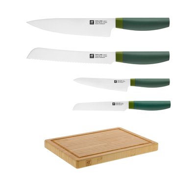 ZWILLING NOW S VERT Couteau à Pain + Couteau de Chef + Couteau de Chef Compact + Couteau Universel + Planche à découper ZWILLING