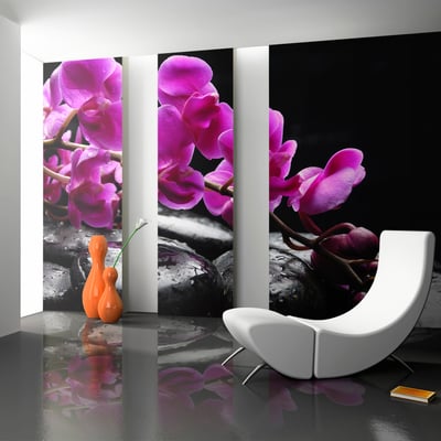Papier peint intissé panoramique Fleurs Moment de détente : orchidée et pierres zen EDEN