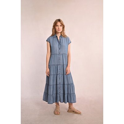 Vestido comprido de ganga com mangas curtas e folhos MOLLY BRACKEN