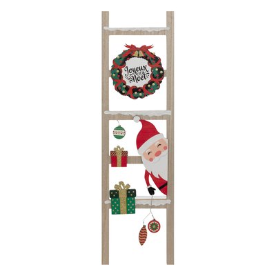 Pancarte échelle Joyeux Noël en bois avec Père Noël et couronne ATMOSPHERA