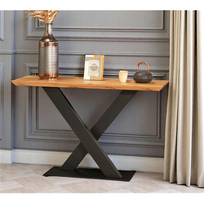 Meuble console bois et métal pied V plateau chêne style moderne 120 cm VOLGA PIER IMPORT