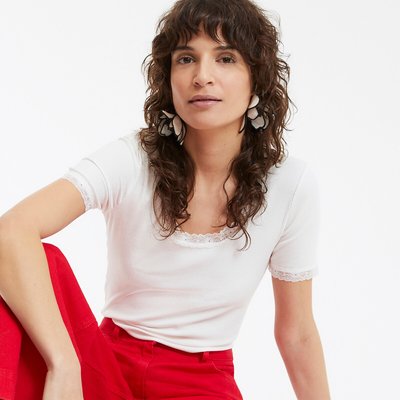 T-shirt de gola redonda com pormenor de renda, mangas curtas LA REDOUTE COLLECTIONS