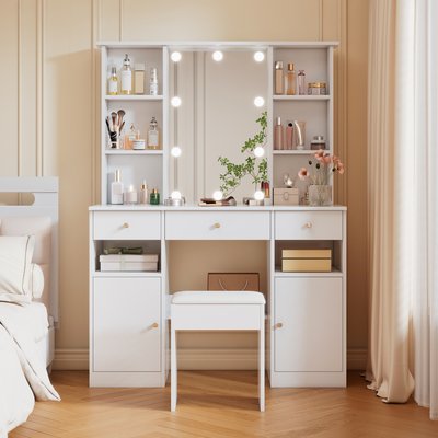 Lot de 2 coiffeuse table de maquillage avec 3 tiroirs 2 portes et 8 niches avec tabouret, RAULD MEUBLES COSY