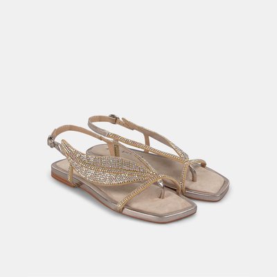 Sandales plates en cuir avec fixation sur le doigt ornées de strass ALMA EN PENA