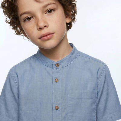 Chemise col mao manches courtes unie en coton et lin MONOPRIX